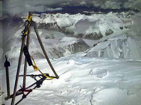 
Reinhold Messner and Peter Habeler left a short length of rope and the camera batteries used to film their ascent without oxygen tied to the Chinese Everest summit tripod in 1978 - All Fourteen 8000ers (Reinhold Messner) book
